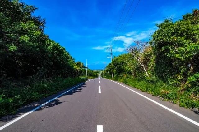 石垣島の道路、緑いっぱいの一本道